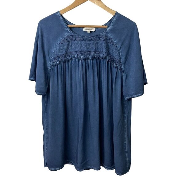 Temperance Boho T-Shirt Top Womens L Blue Crochet Blouse Tassel Lace Fringe EUC - Picture 1 of 10